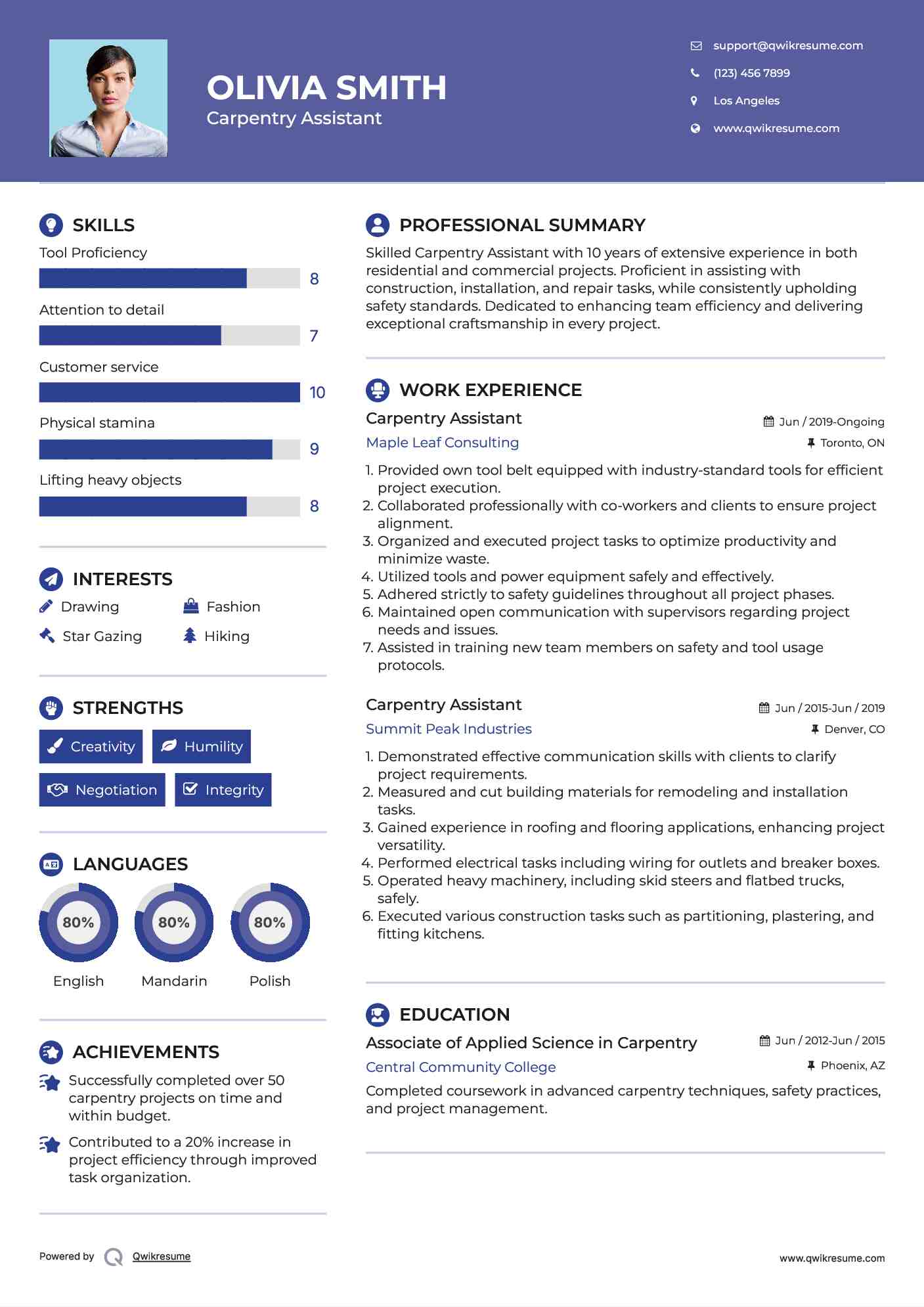 Carpentry Assistant Resume Example