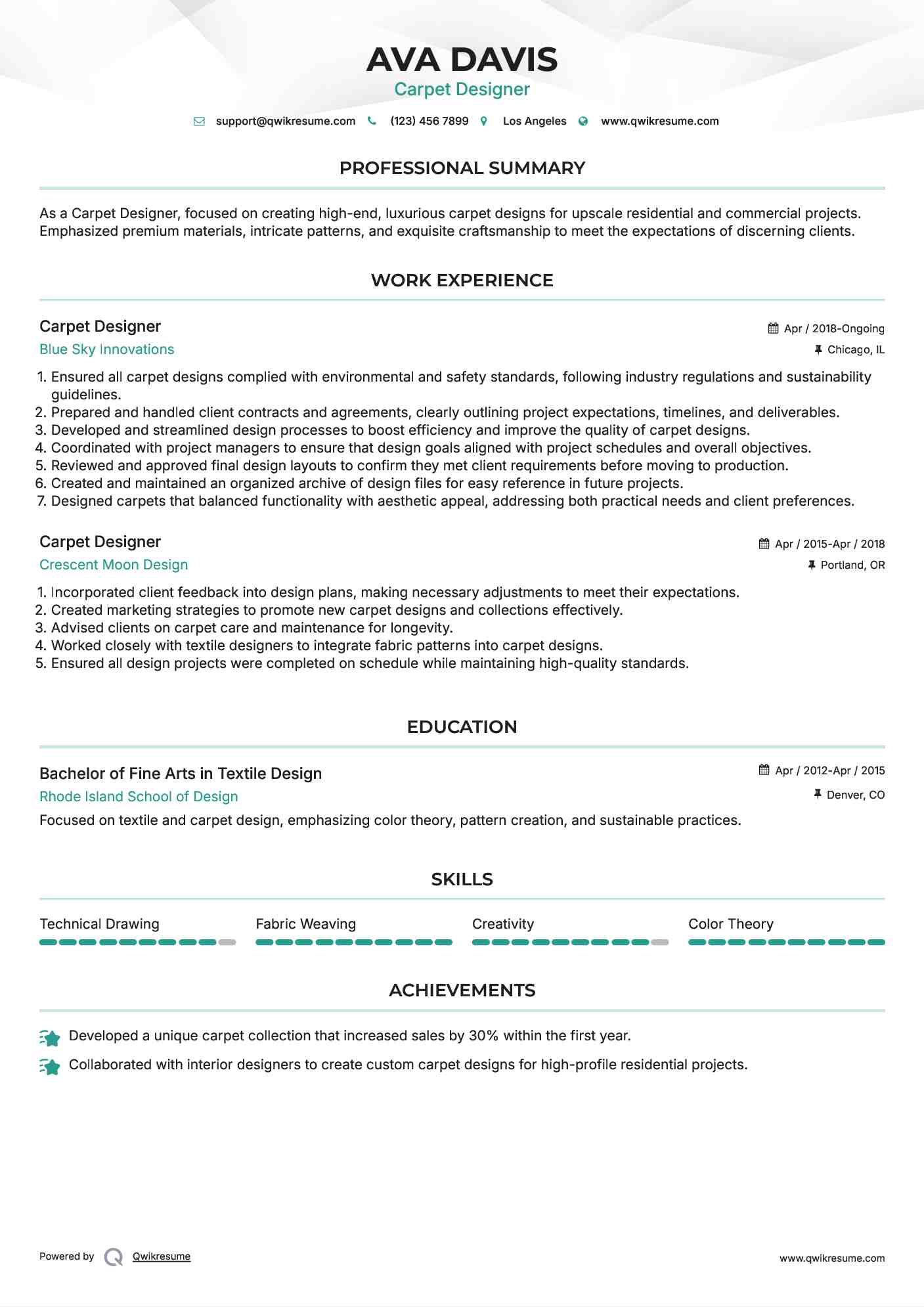 Carpet Designer Resume Example