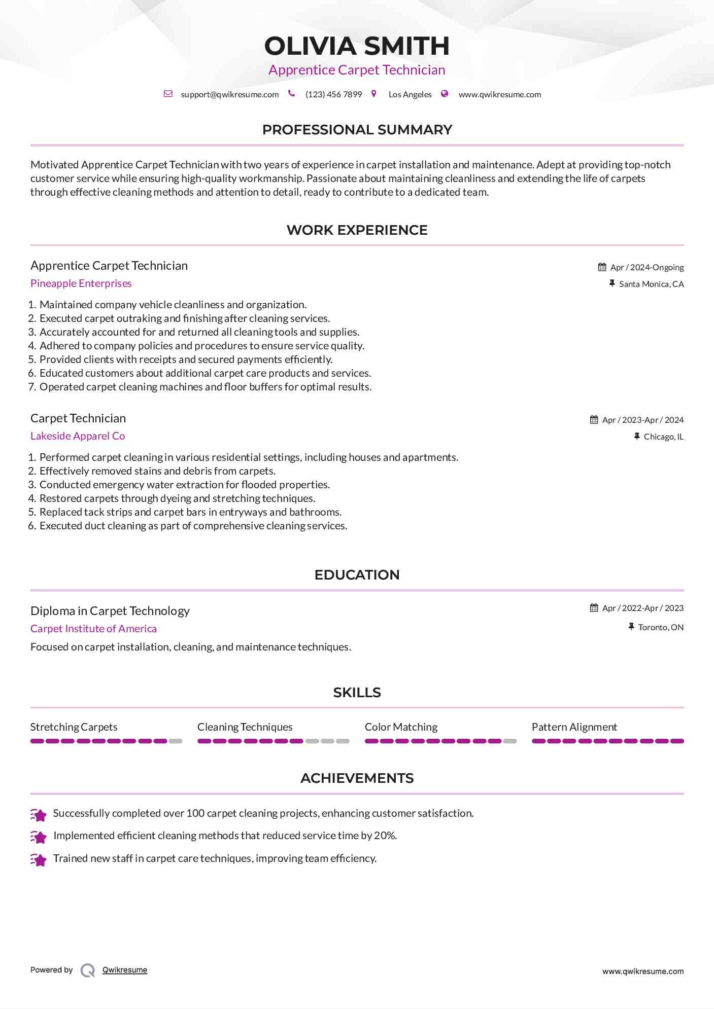 Apprentice Carpet Technician Resume Example
