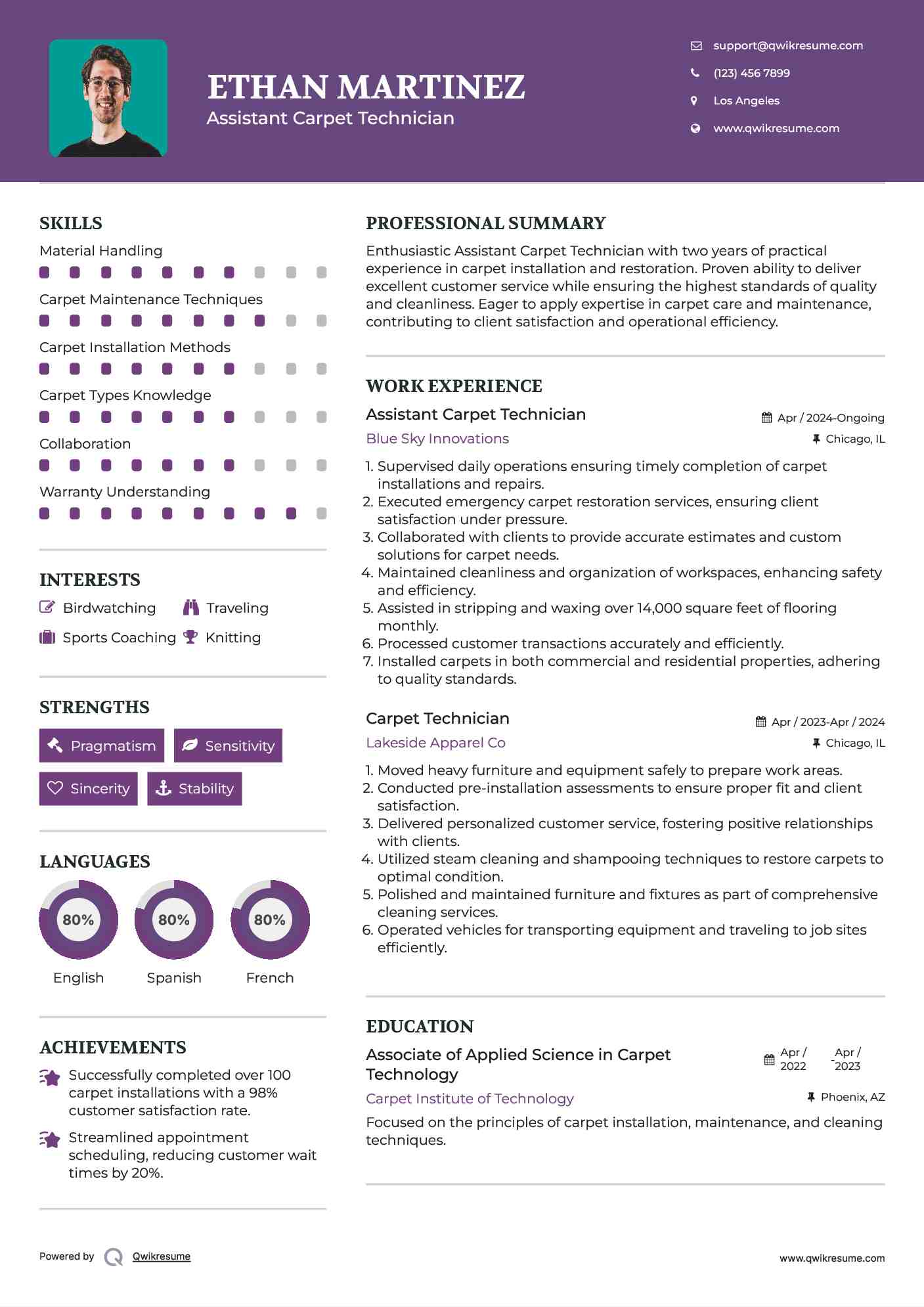 Assistant Carpet Technician Resume Sample