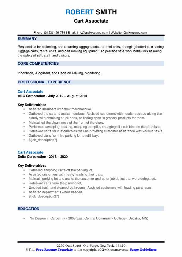 Cart Associate Resume Samples QwikResume