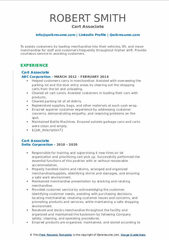 Cart Associate Resume Samples | QwikResume