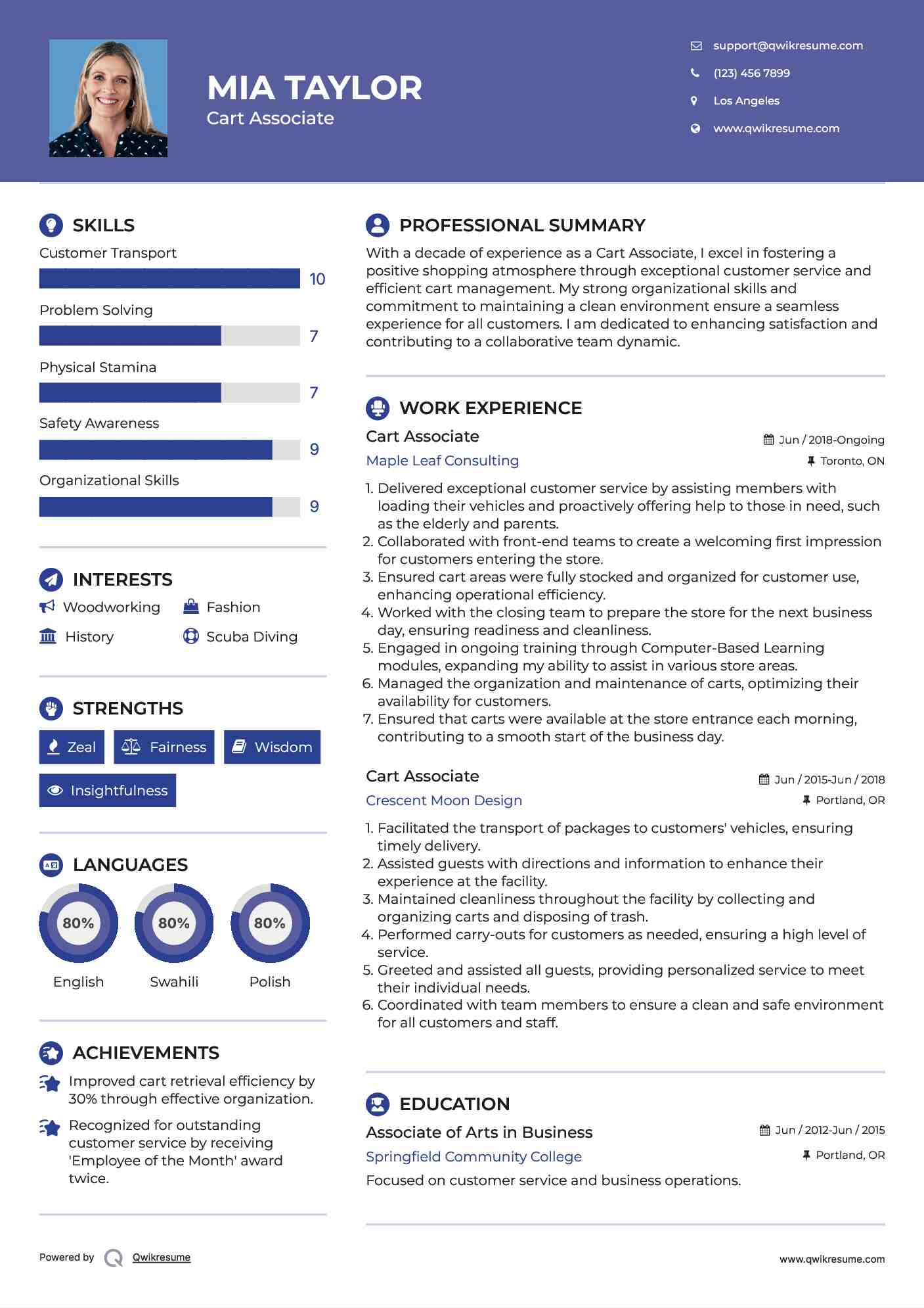 Cart Associate Resume Example
