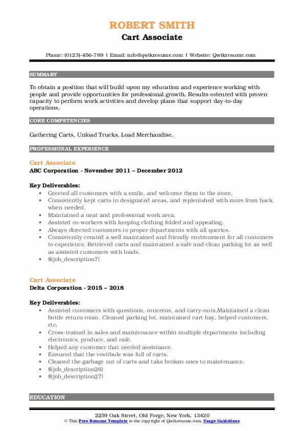 Cart Associate Resume Samples QwikResume