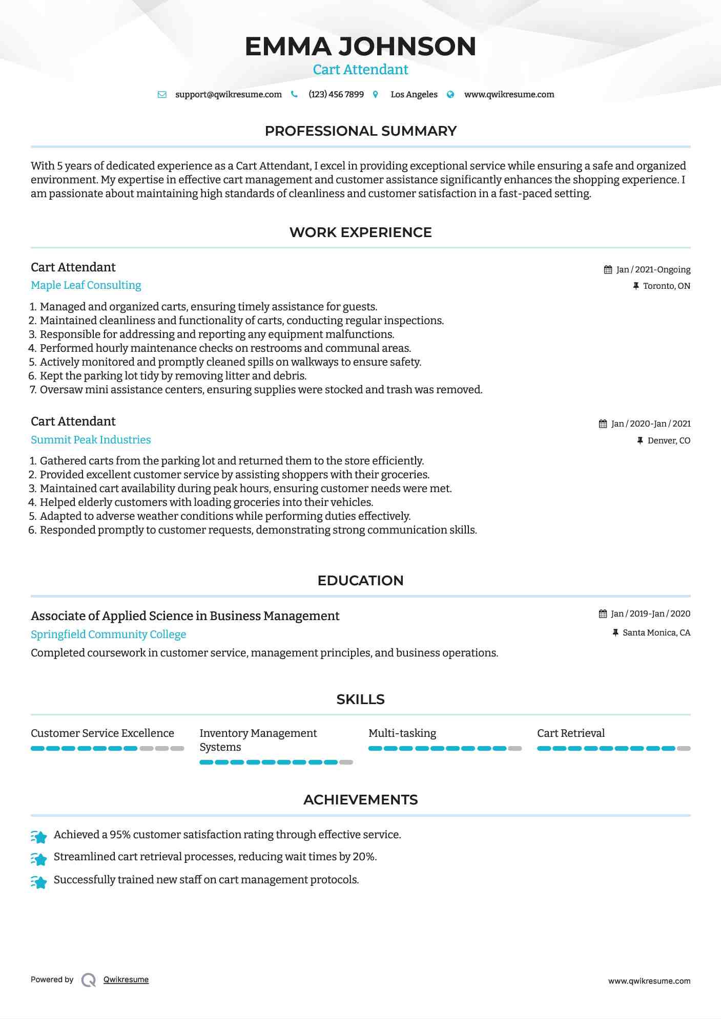 Cart Attendant Resume Samples QwikResume