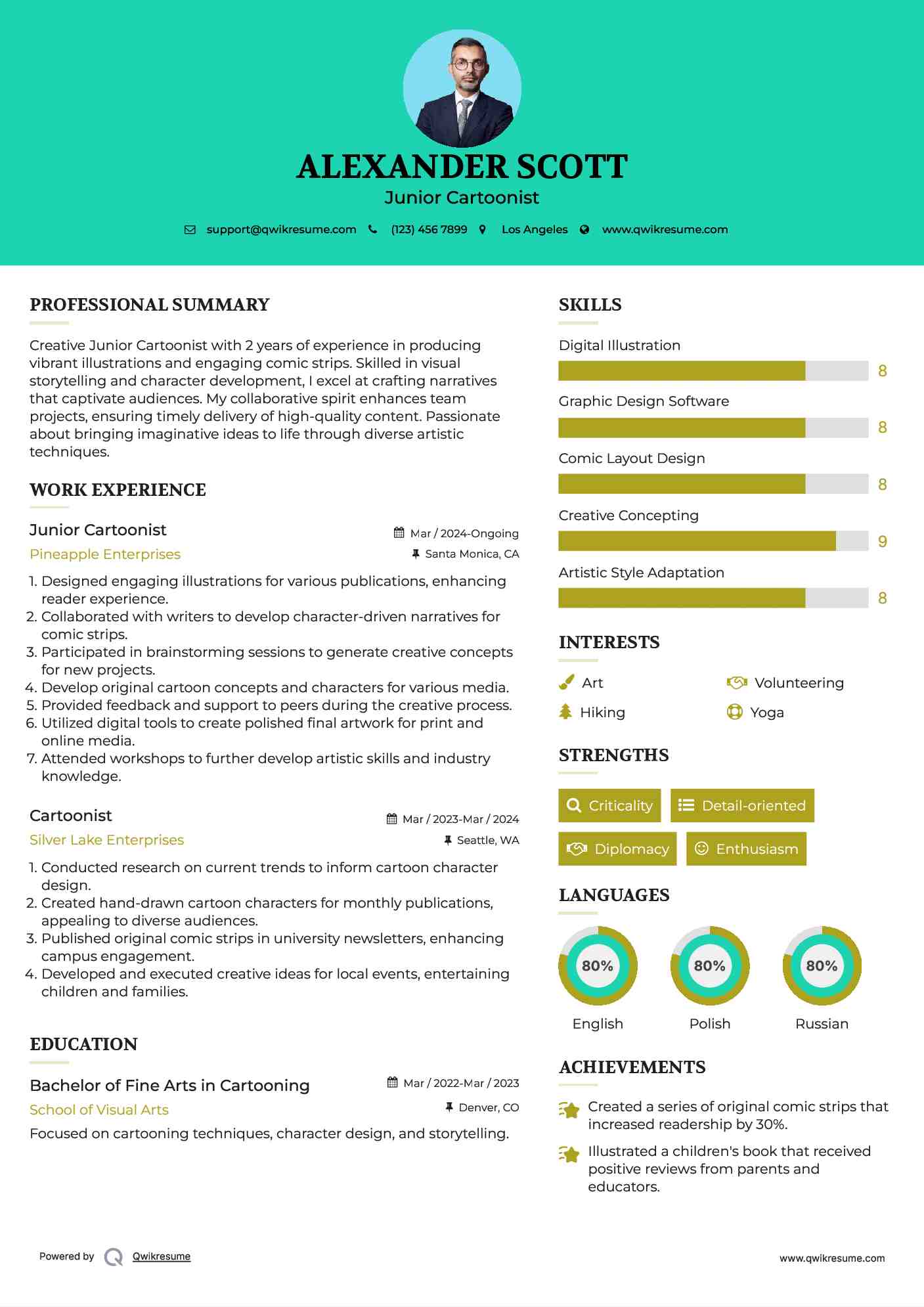 Junior Cartoonist Resume Example