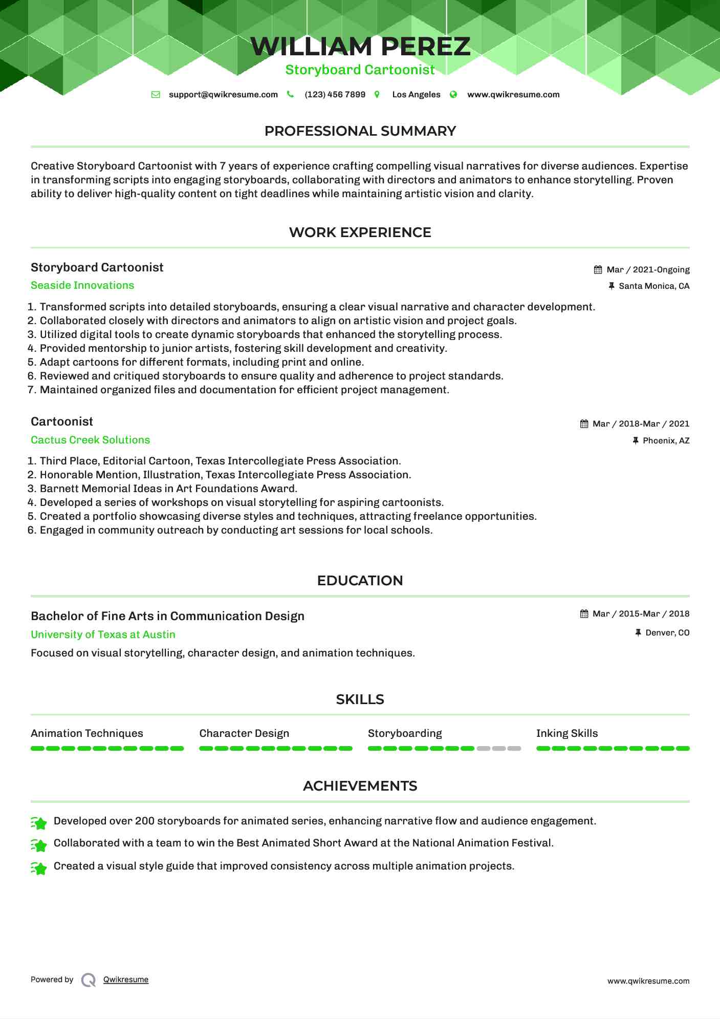 Storyboard Cartoonist Resume Format