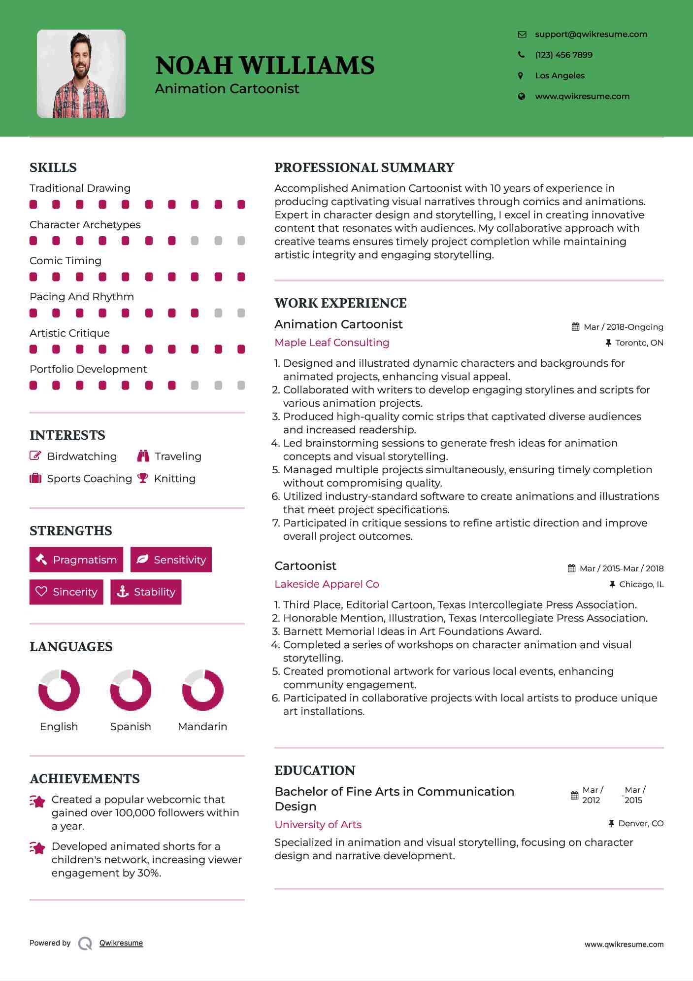 Animation Cartoonist Resume Sample