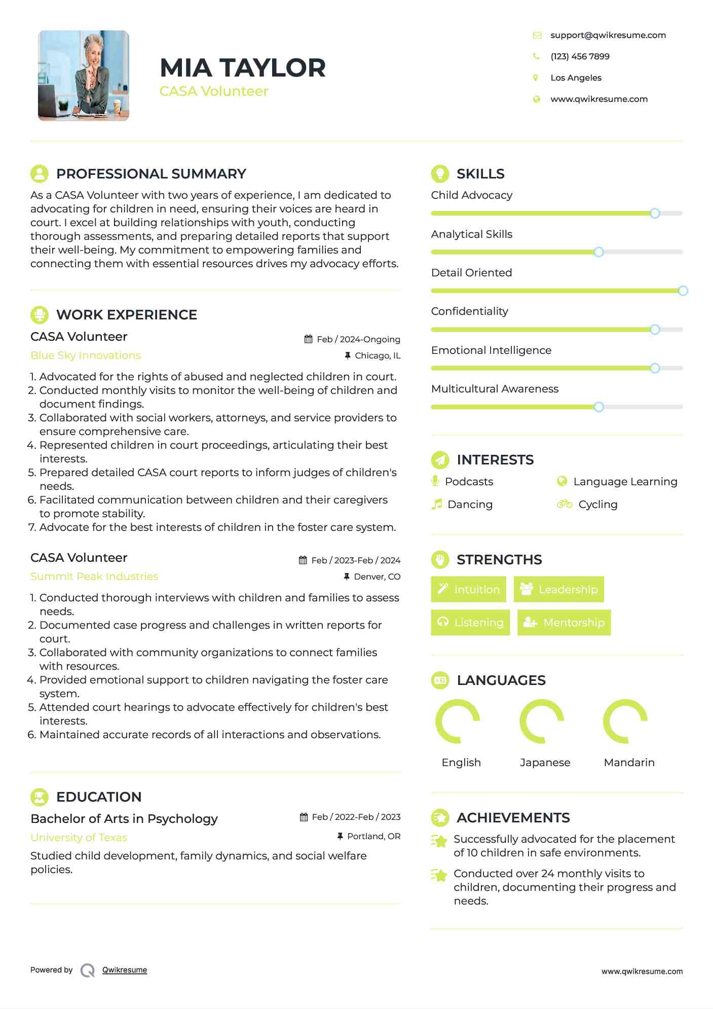 CASA Volunteer Resume Sample