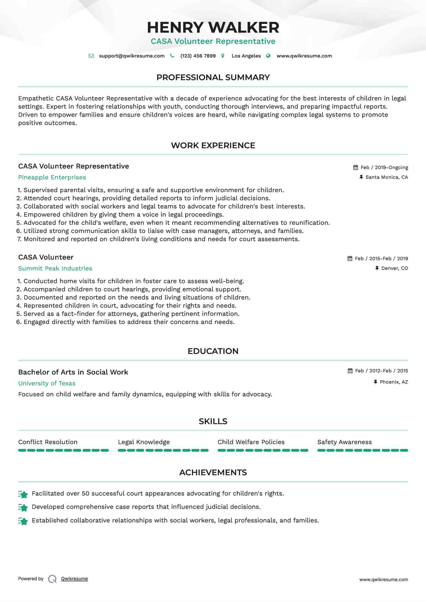 CASA Volunteer Representative Resume Format