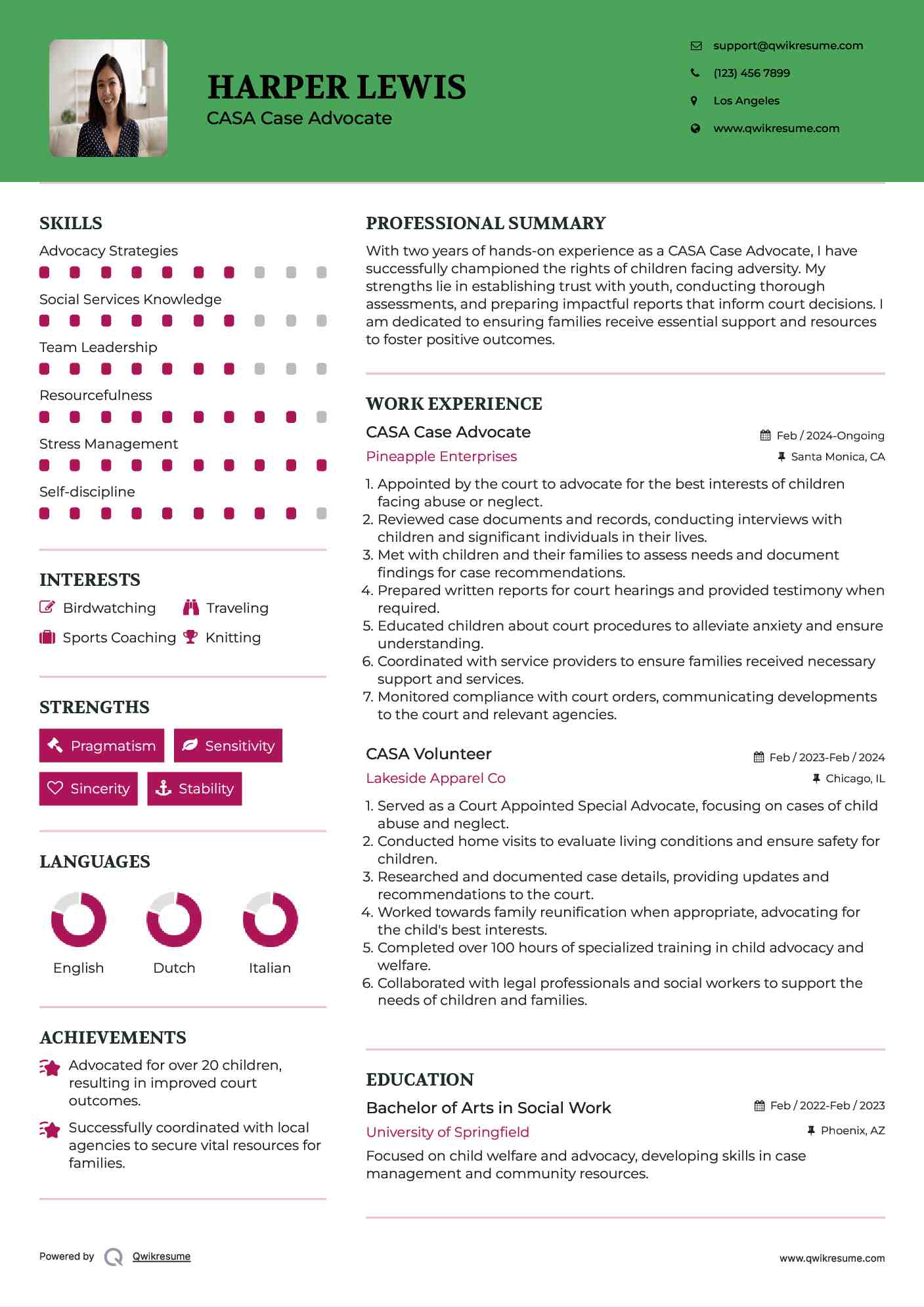 CASA Case Advocate Resume Model