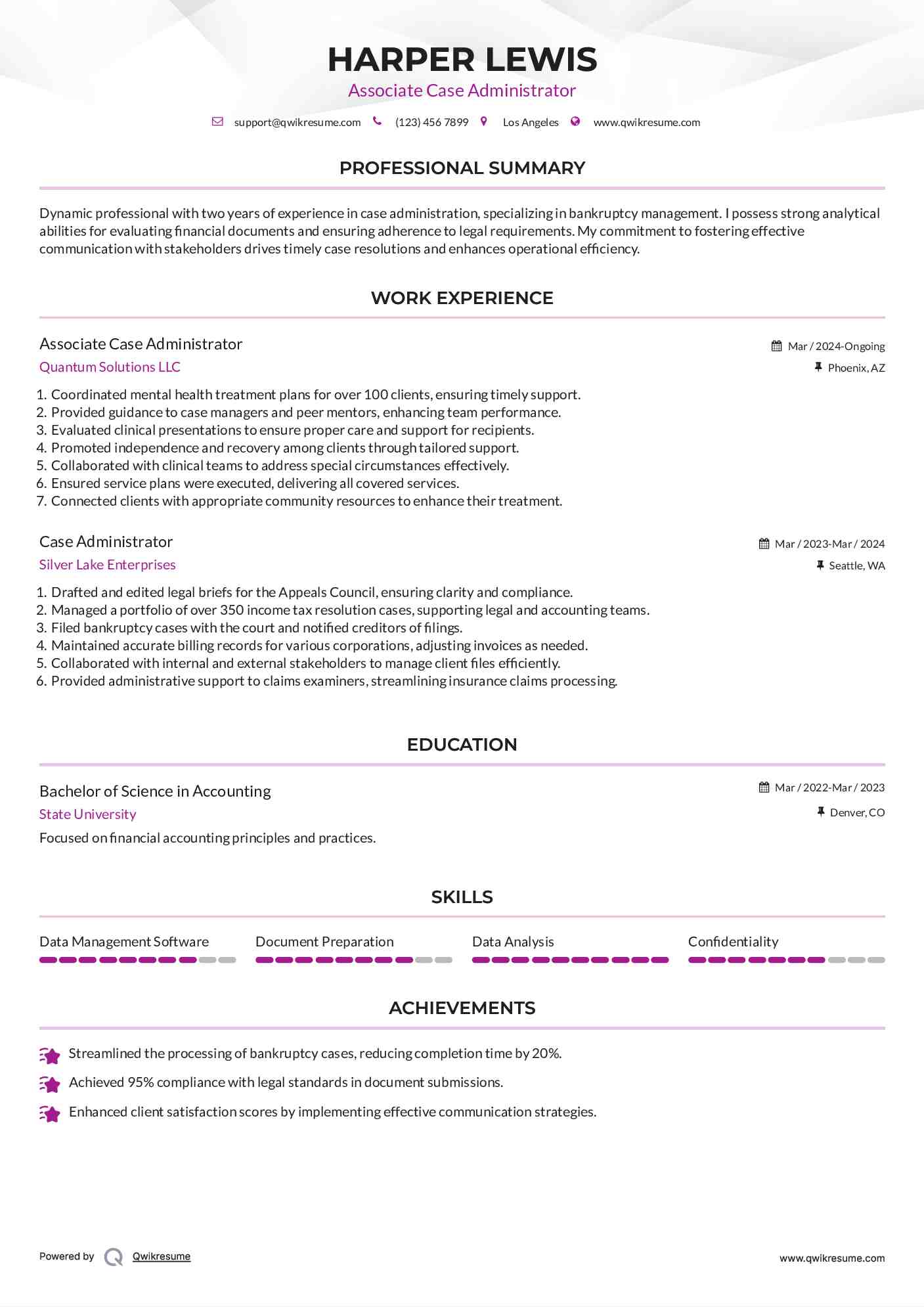 Associate Case Administrator  Resume Sample