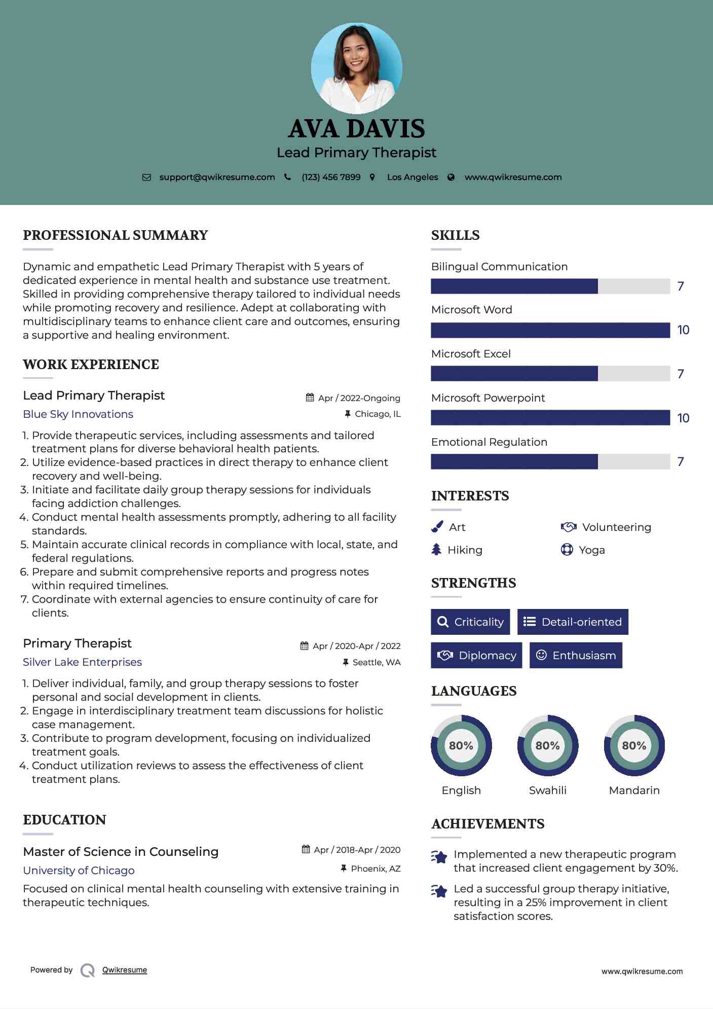 Lead Primary Therapist
 Resume Sample