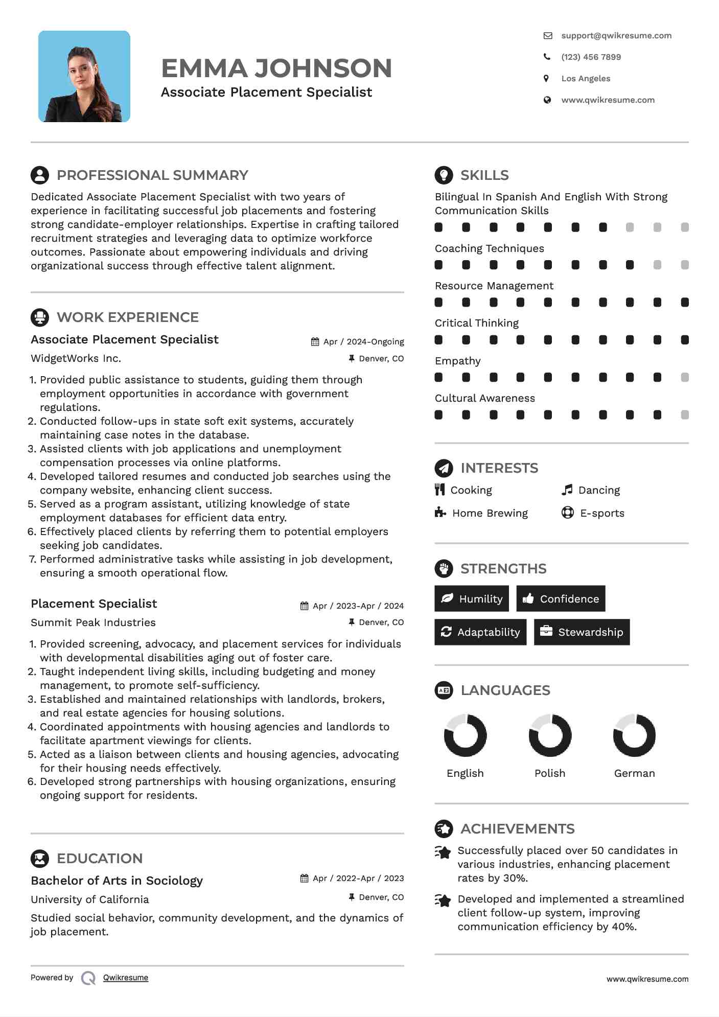 Associate Placement Specialist Resume Sample