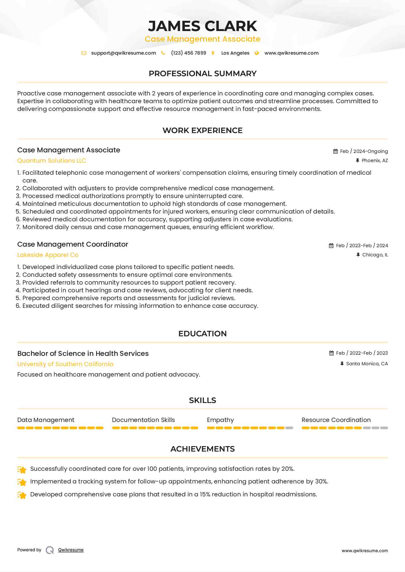 Case Management Associate Resume Sample