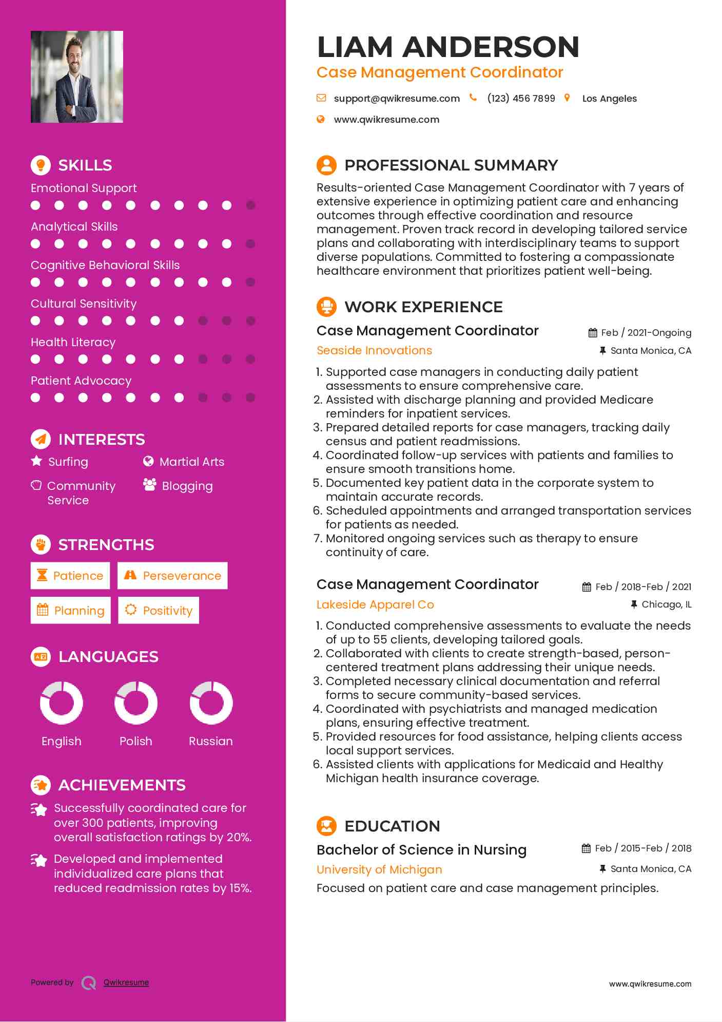 Case Management Coordinator Resume Sample