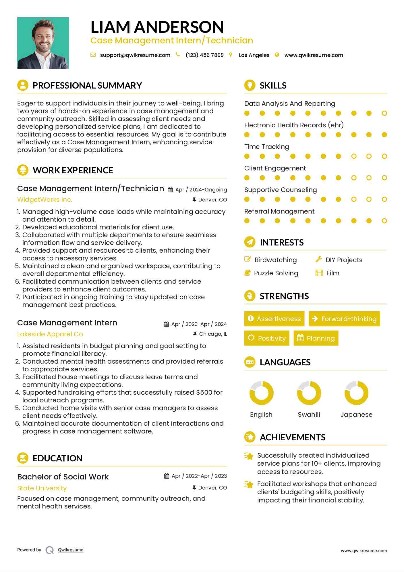 Case Management Intern/Technician Resume Sample