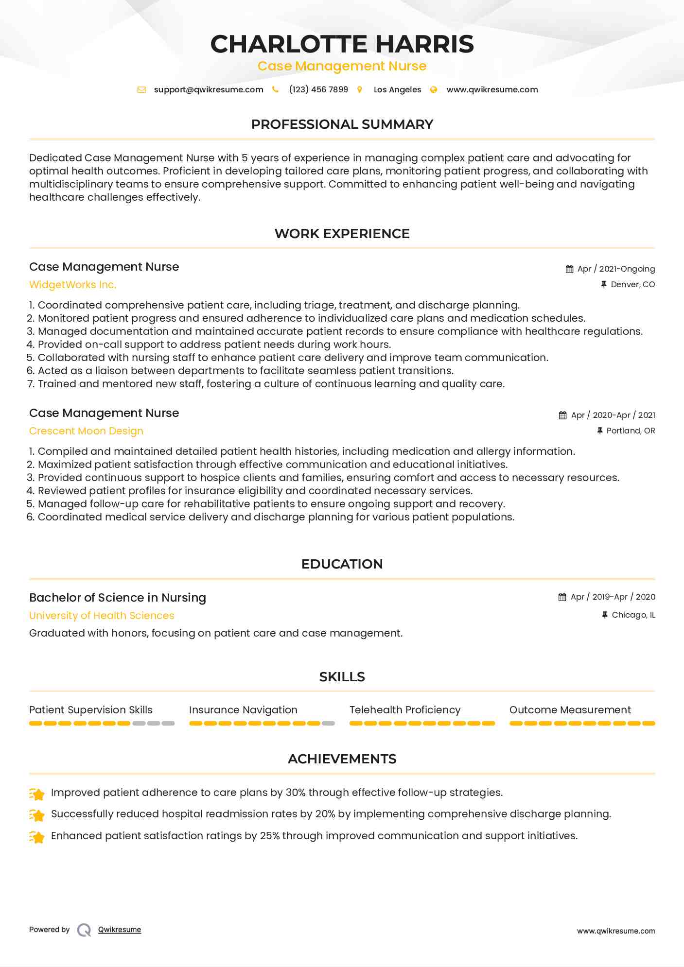 Case Management Nurse Resume Sample