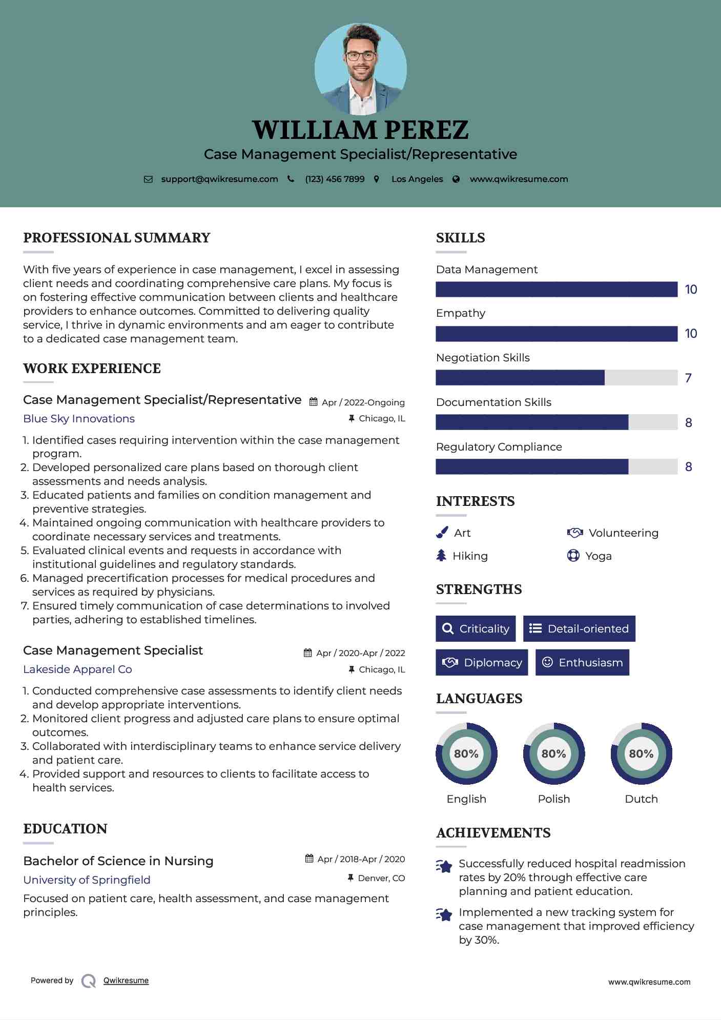 Case Management Specialist/Representative Resume Template