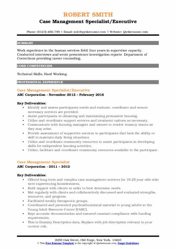 Case Management Specialist Resume Samples QwikResume
