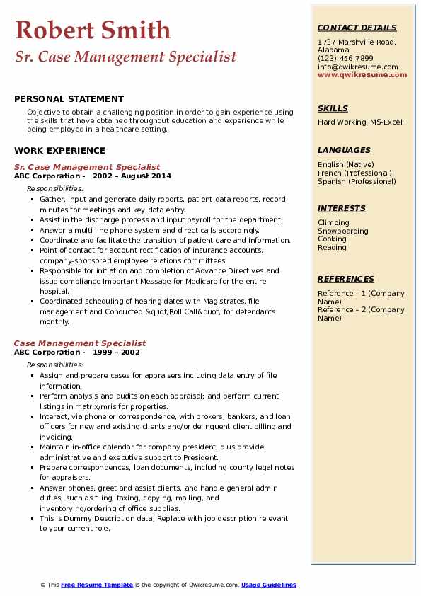 Case Management Specialist Resume Samples QwikResume