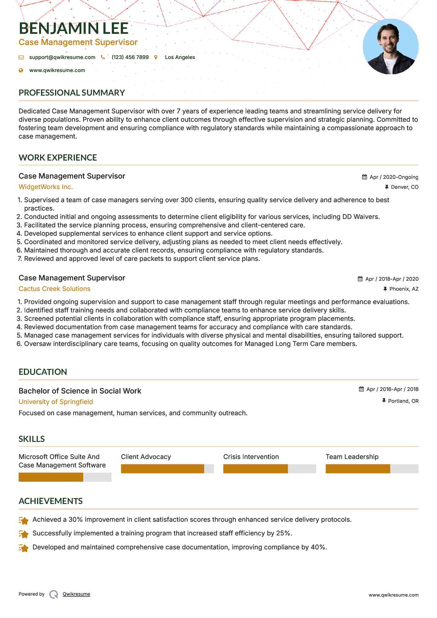 Case Management Supervisor Resume Sample