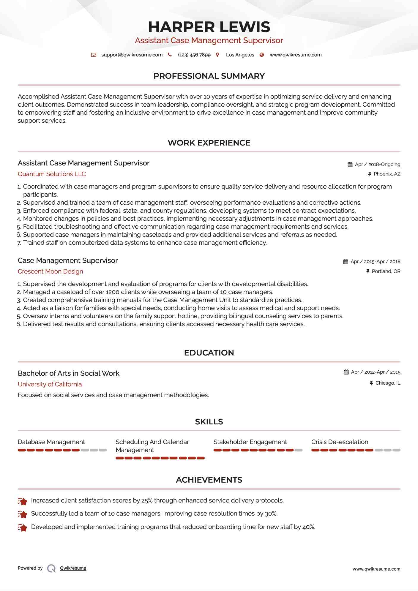 Assistant Case Management Supervisor
 Resume Example