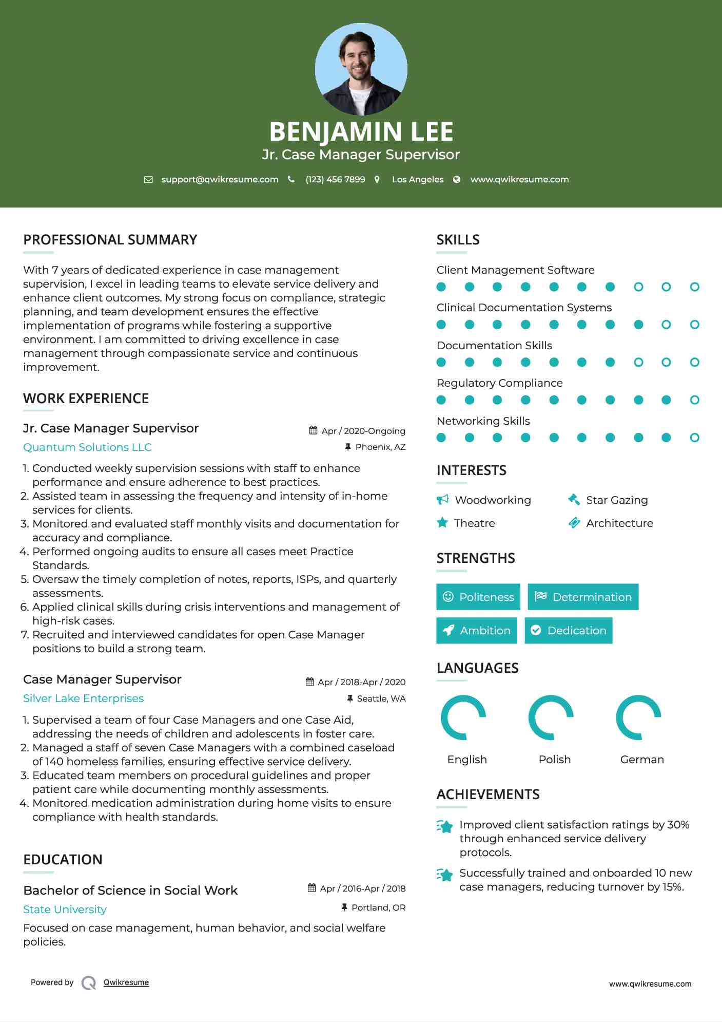 Jr. Case Manager Supervisor Resume Sample