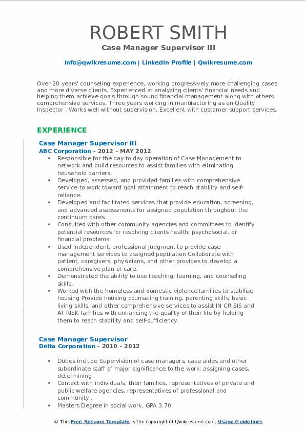Case Manager Supervisor Resume Samples QwikResume