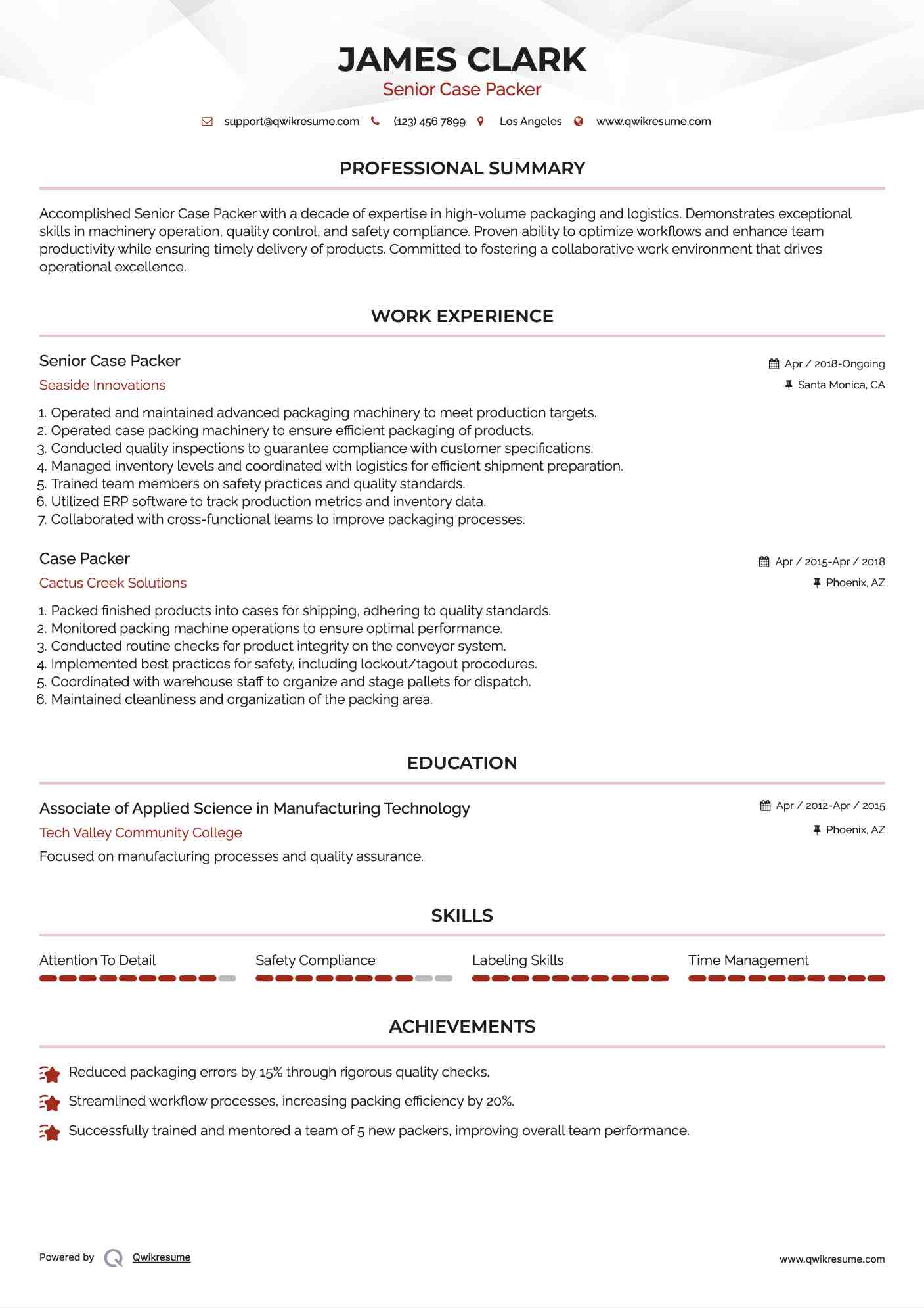 Senior Case Packer Resume Sample