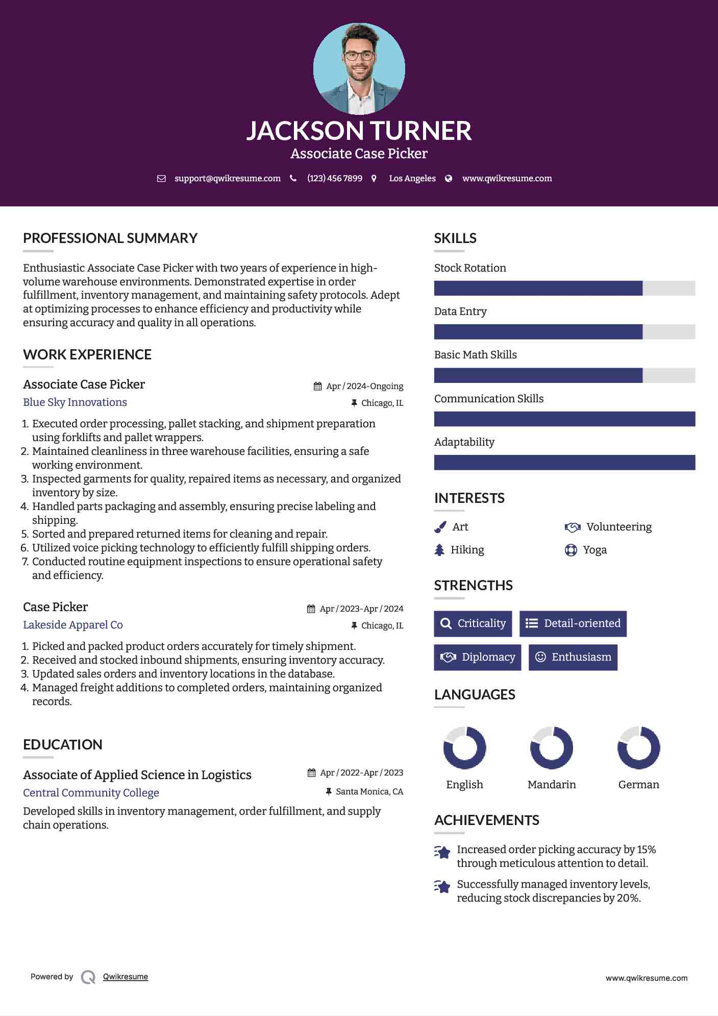 Associate Case Picker  Resume Example