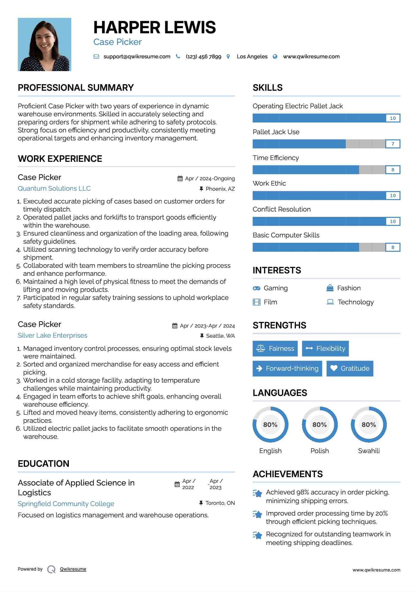 Case Picker Resume Example