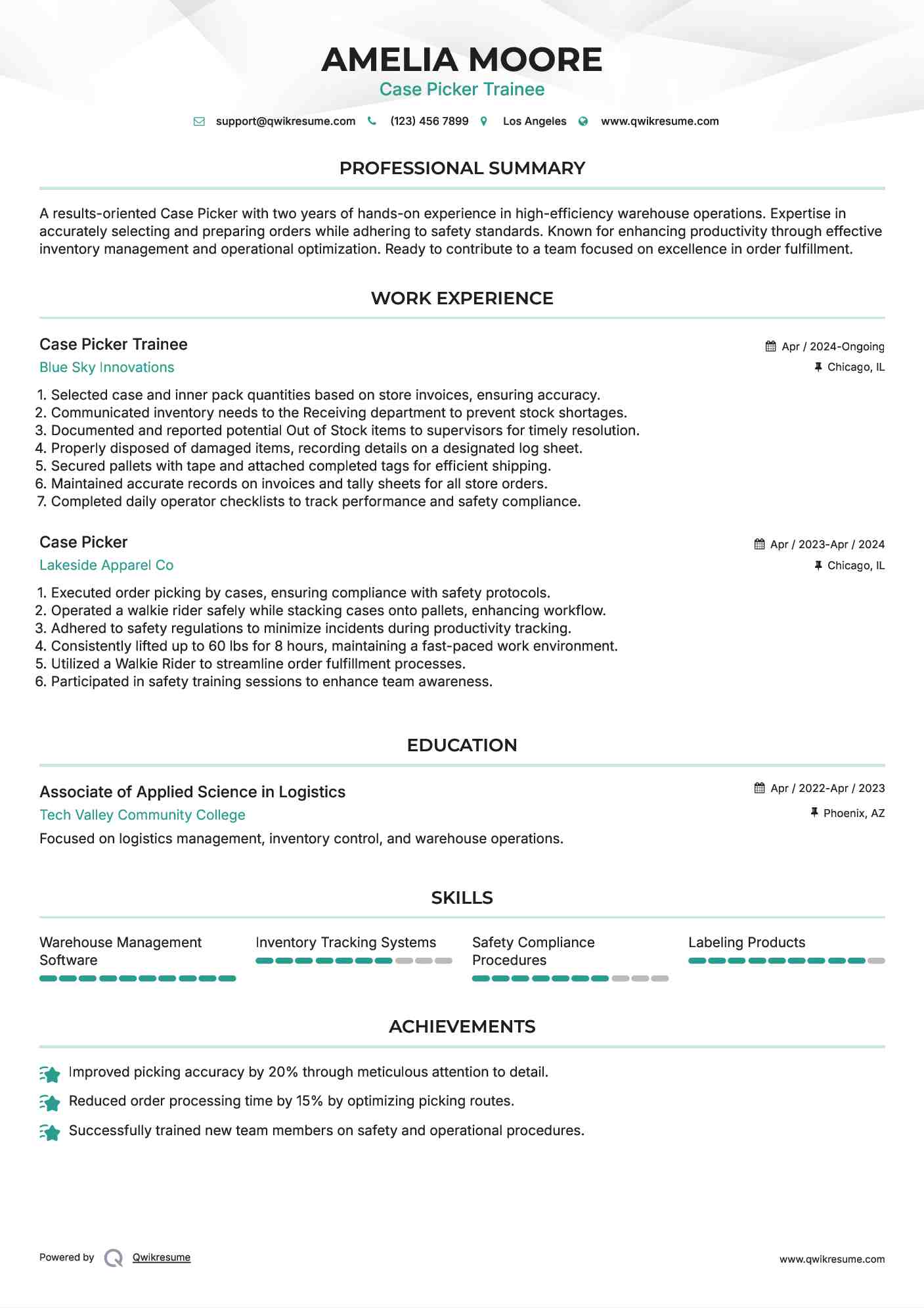 Case Picker Trainee Resume Format