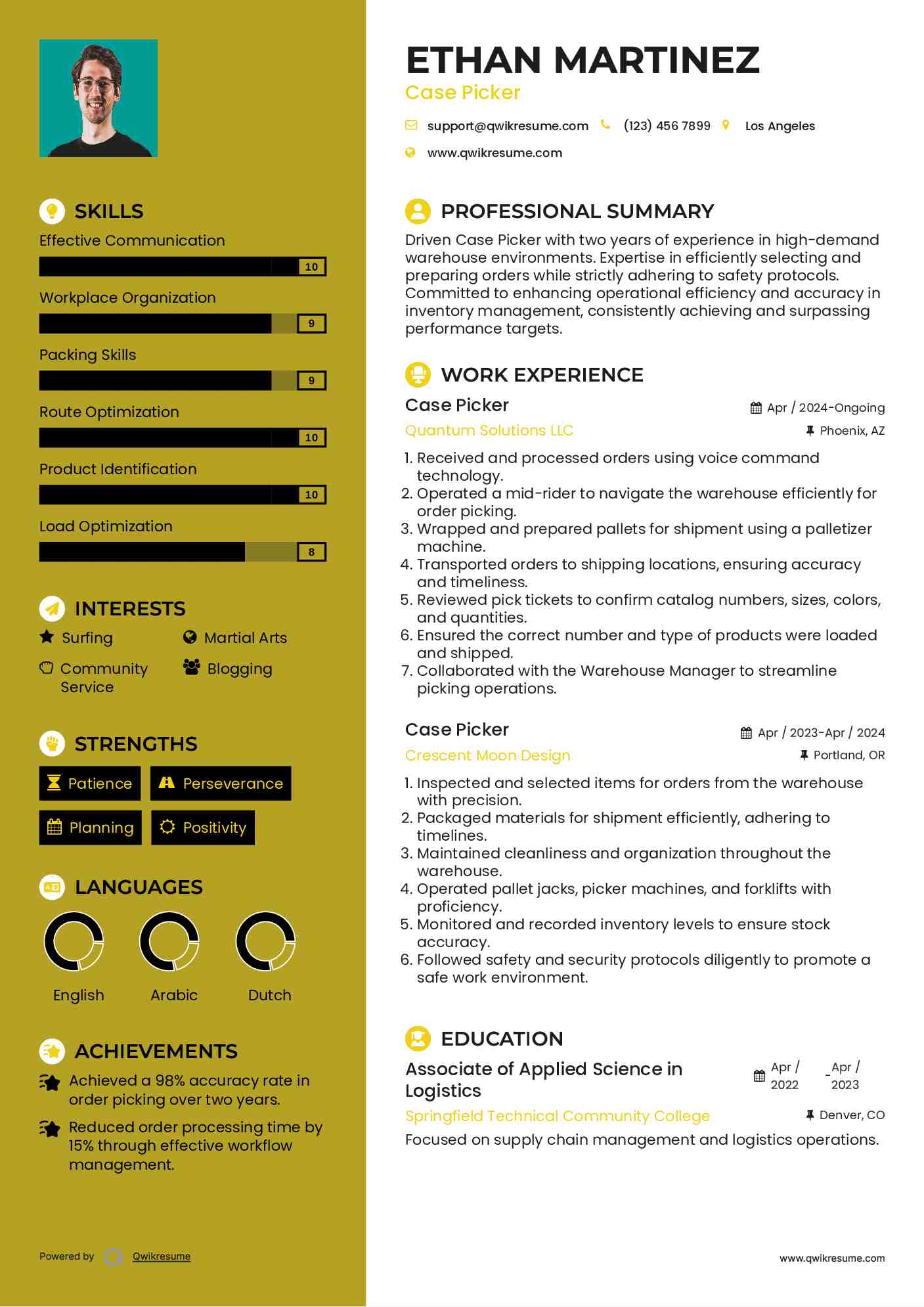 Case Picker Resume Sample