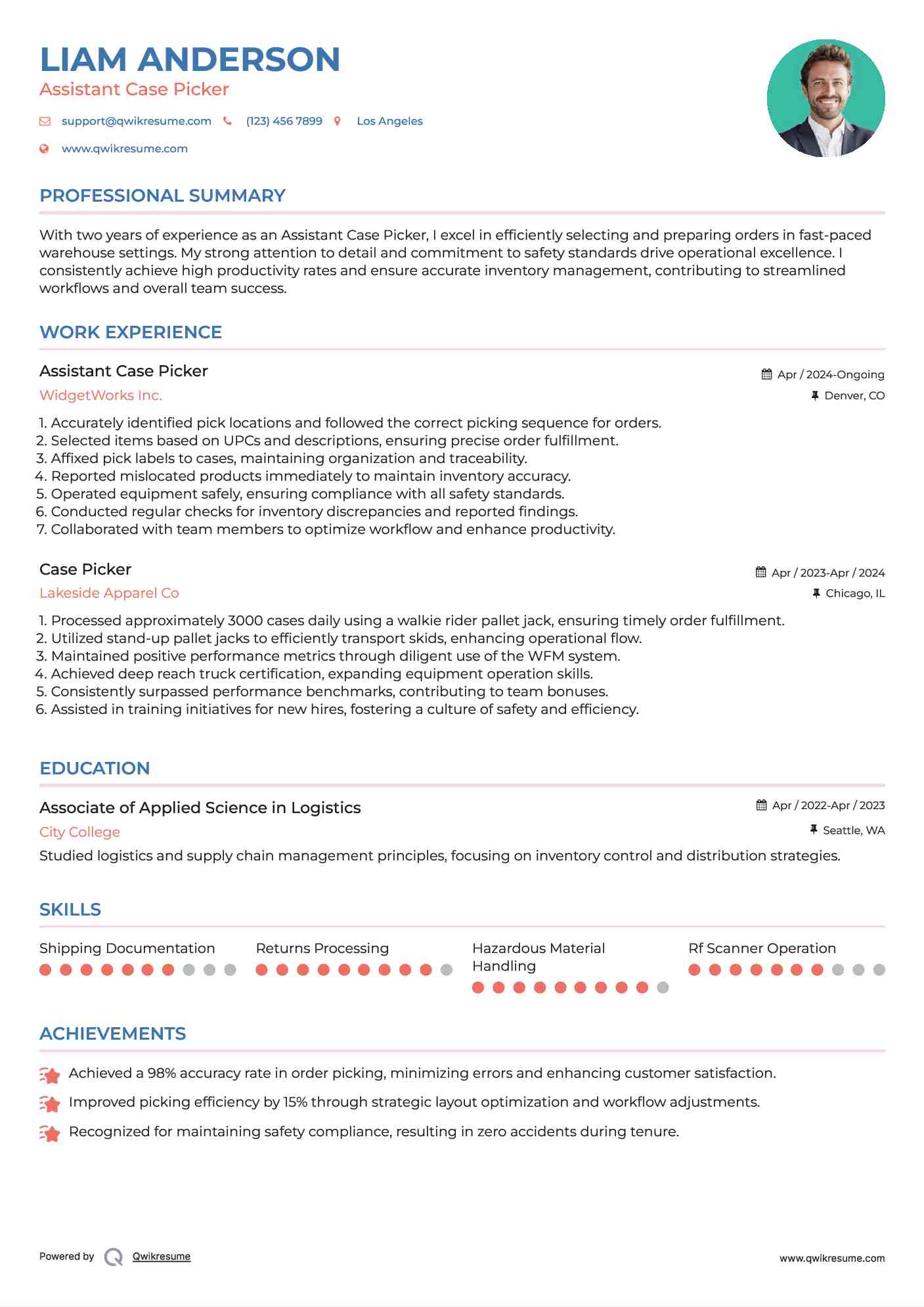 Case Picker Resume Samples QwikResume