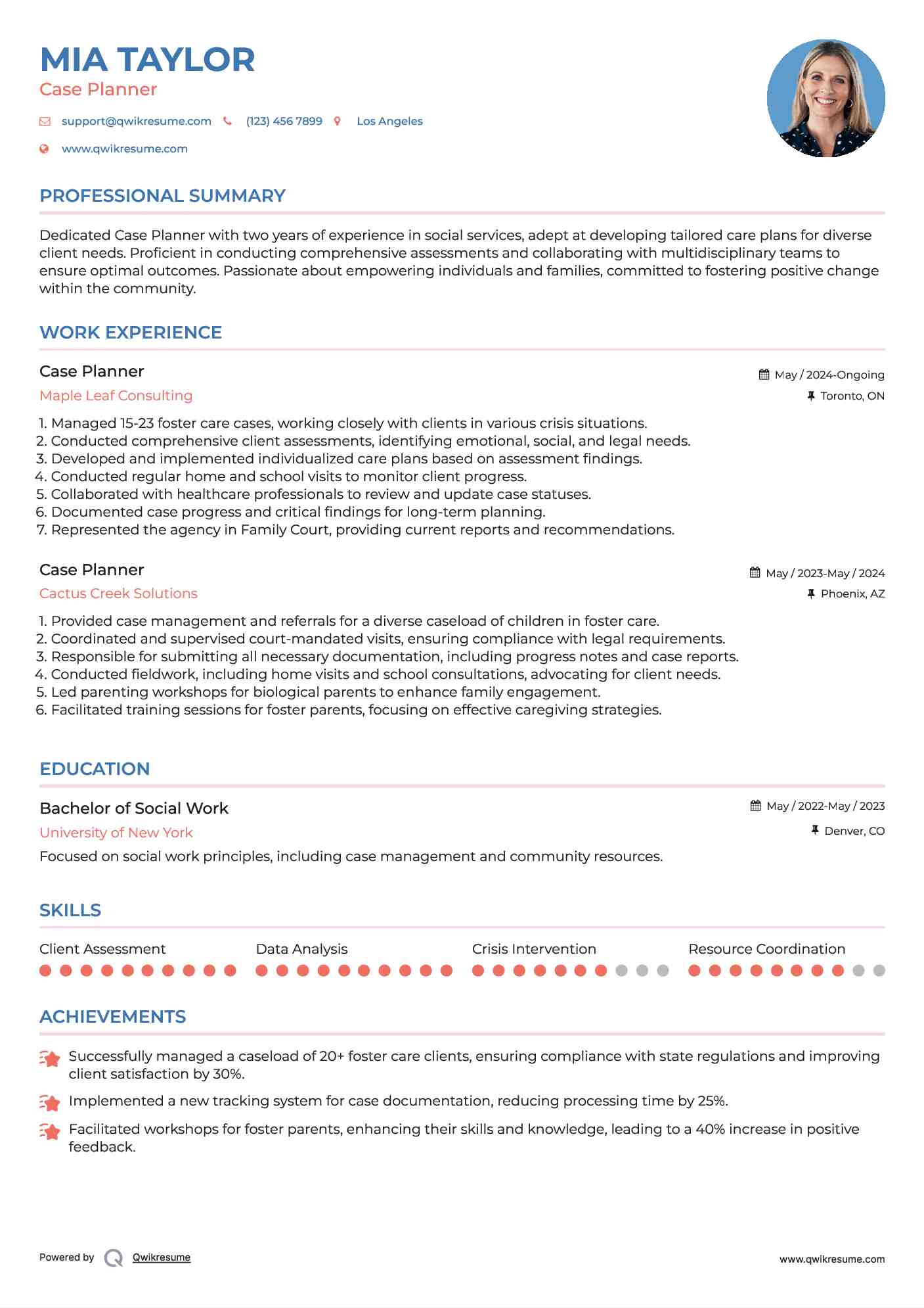 Case Planner Resume Model