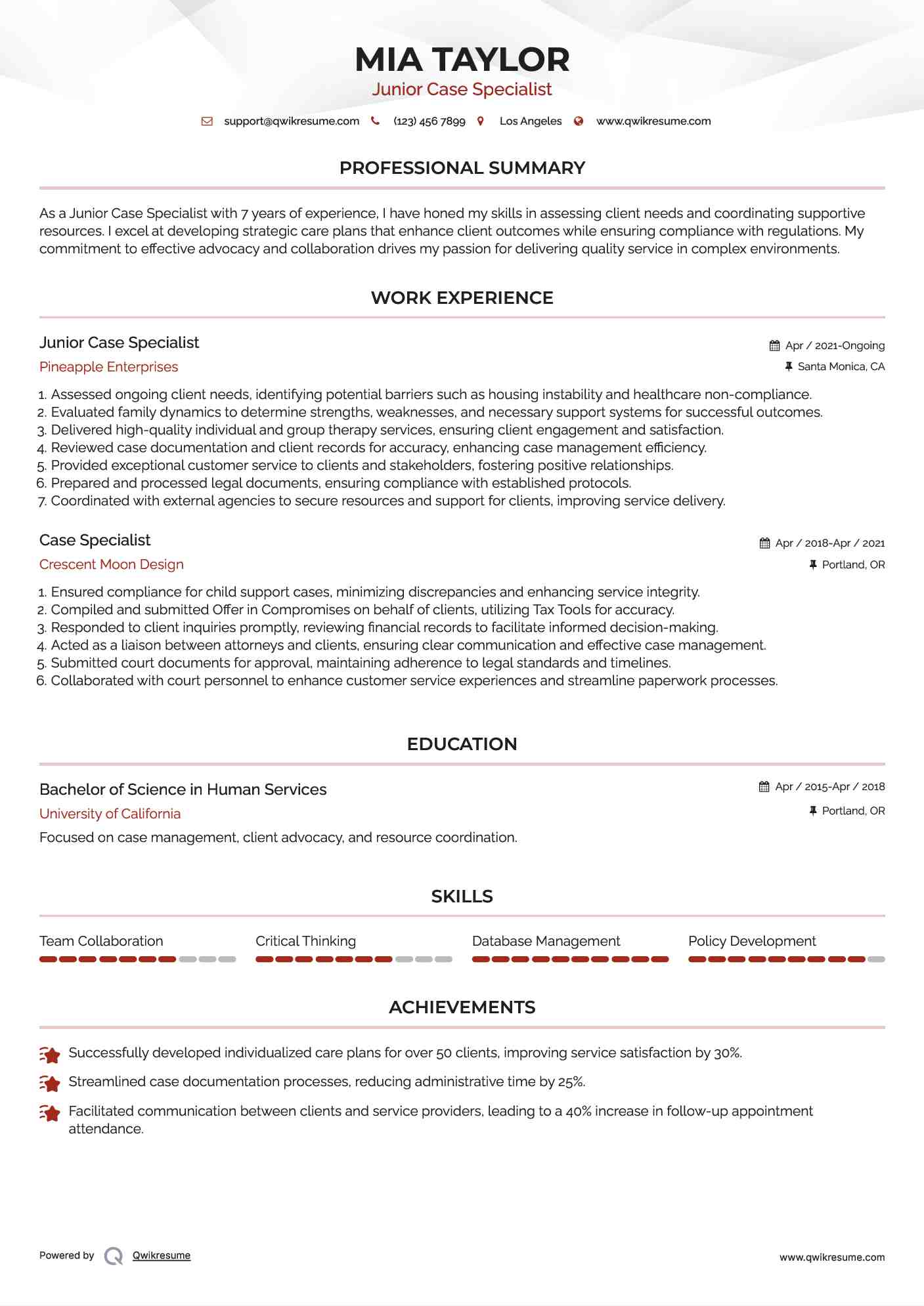 Junior Case Specialist Resume Template
