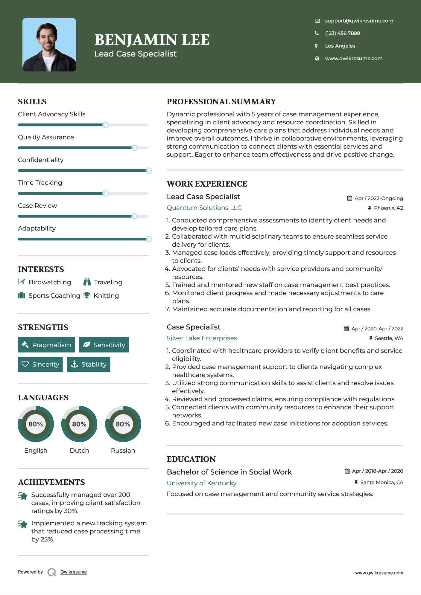 Lead Case Specialist Resume Model