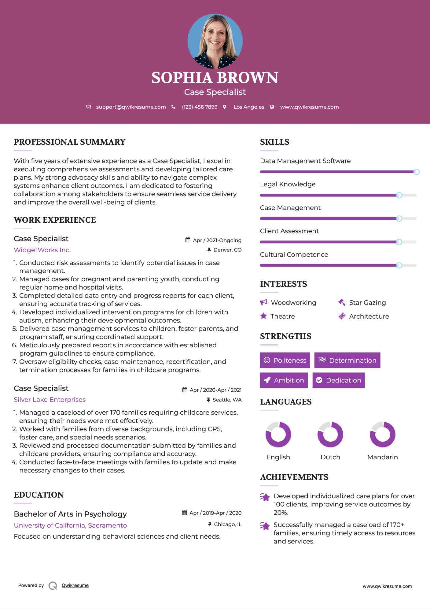 Case Specialist Resume Sample