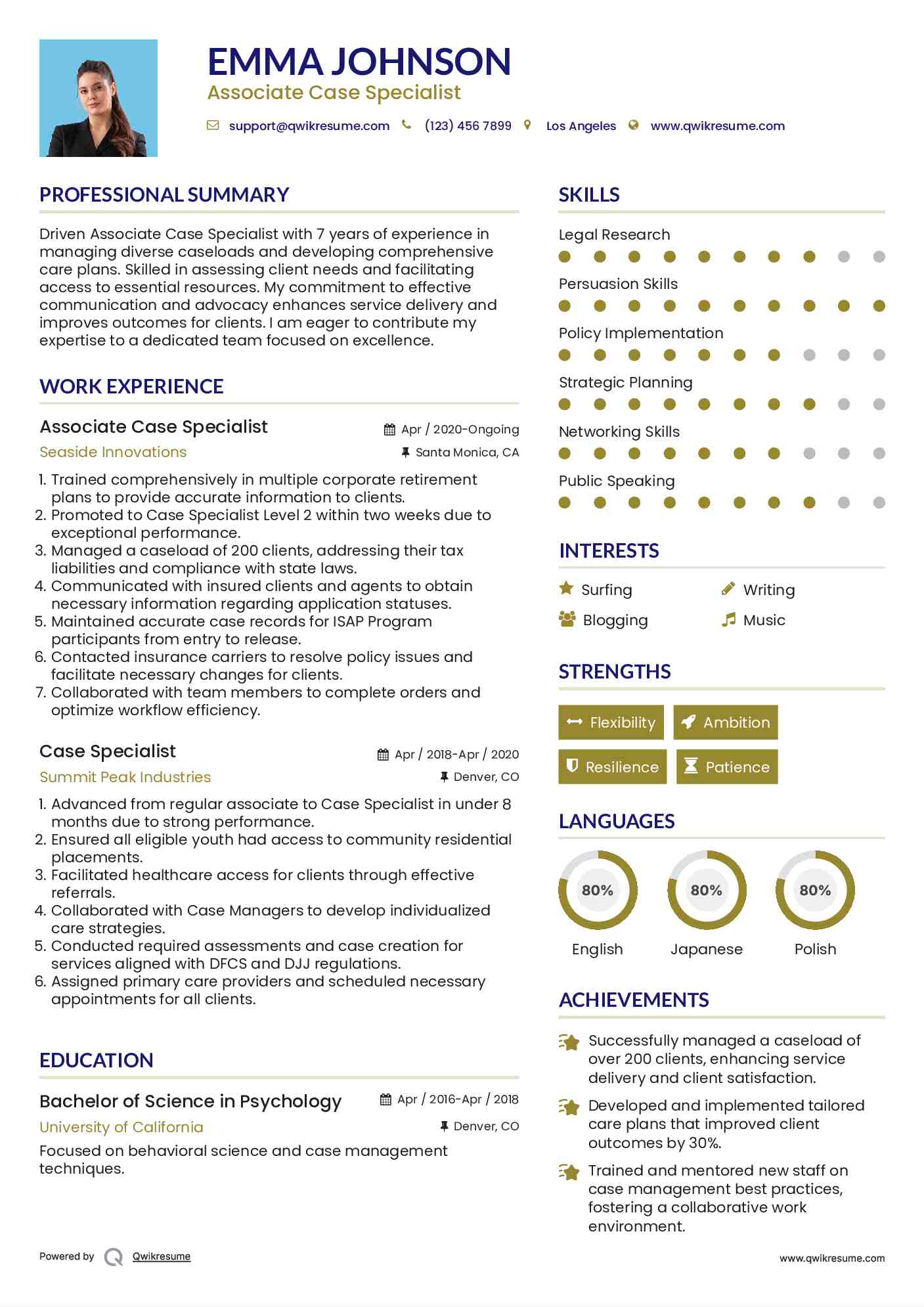 Associate Case Specialist
 Resume Format