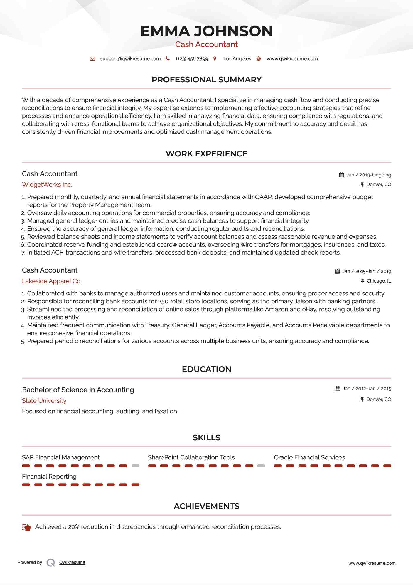 Cash Accountant Resume Model