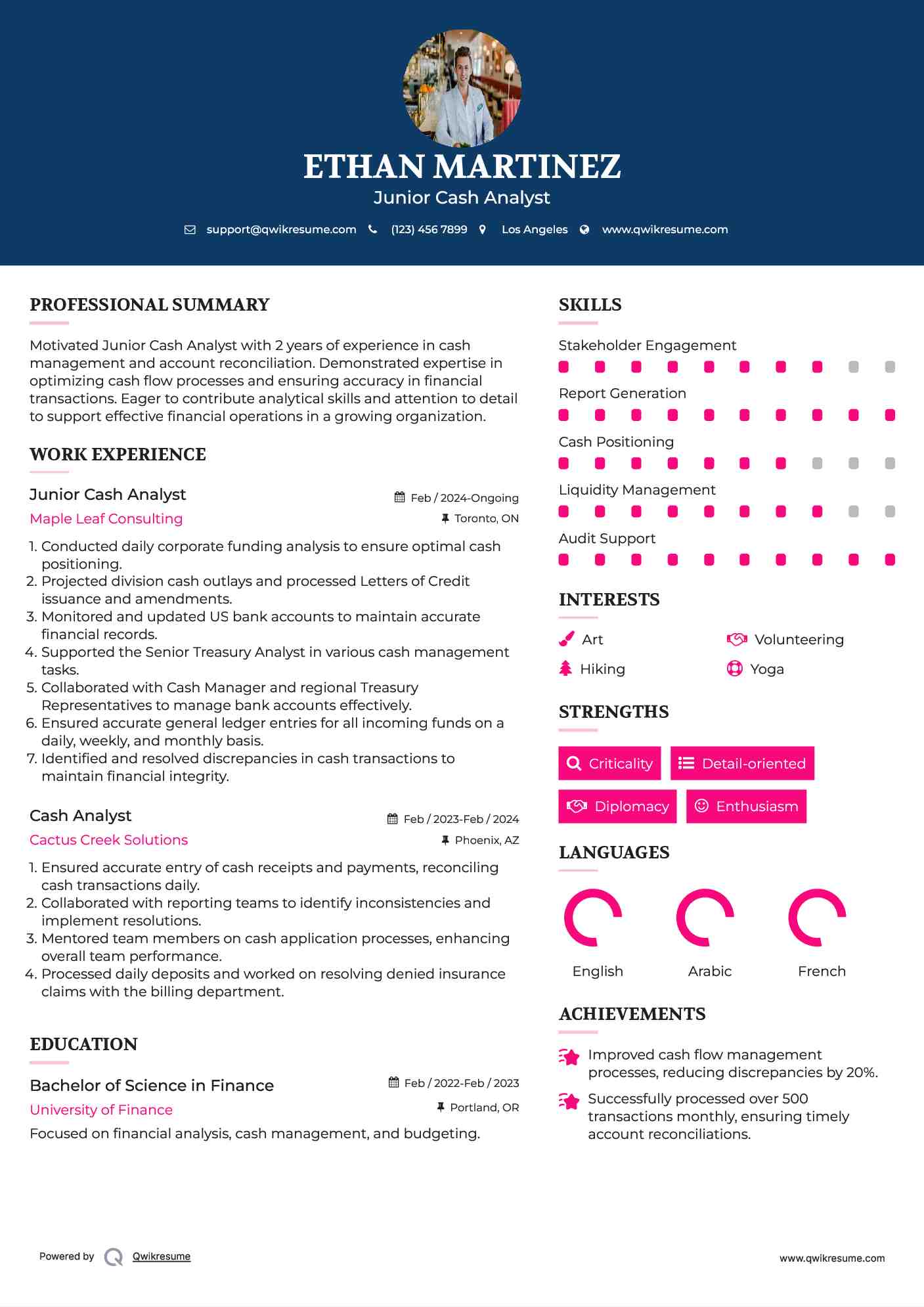 Junior Cash Analyst Resume Sample