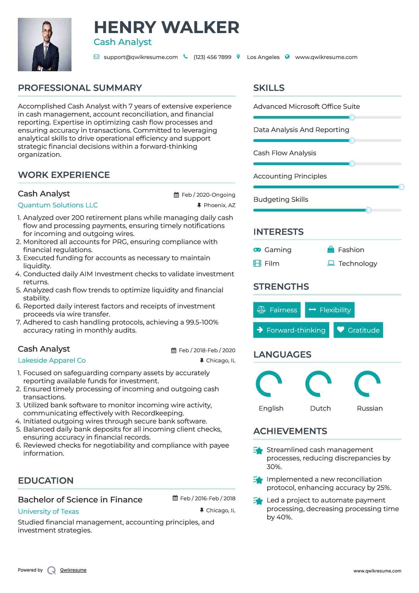 Cash Analyst Resume Example