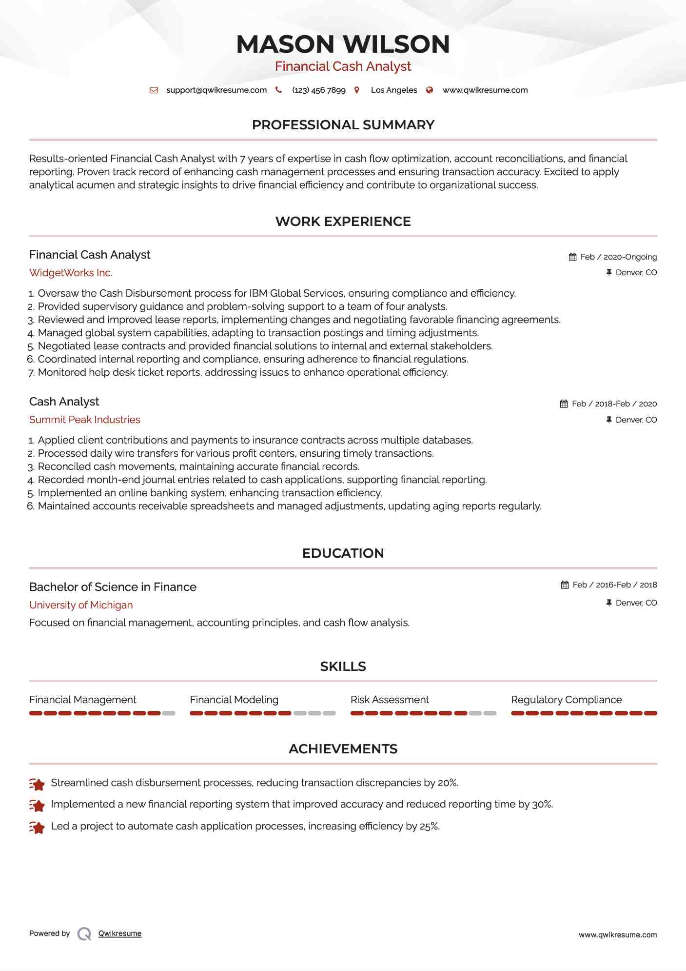 Financial Cash Analyst Resume Template