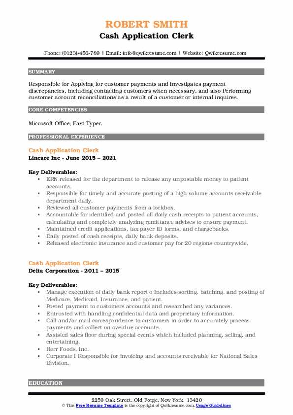 Cash Application Clerk Resume Samples QwikResume