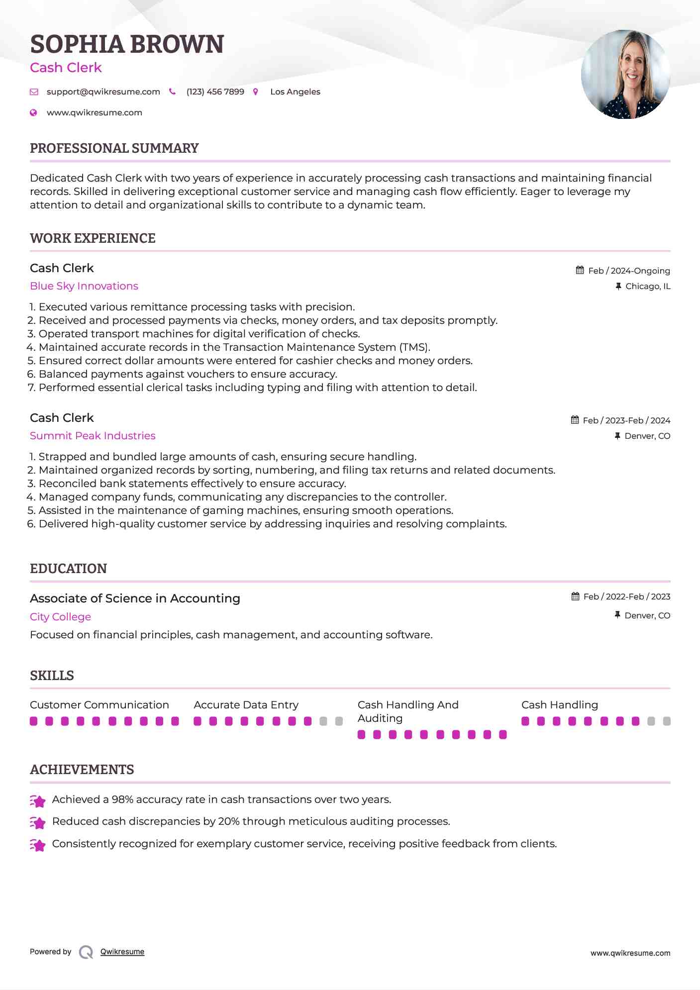 Cash Clerk Resume Example