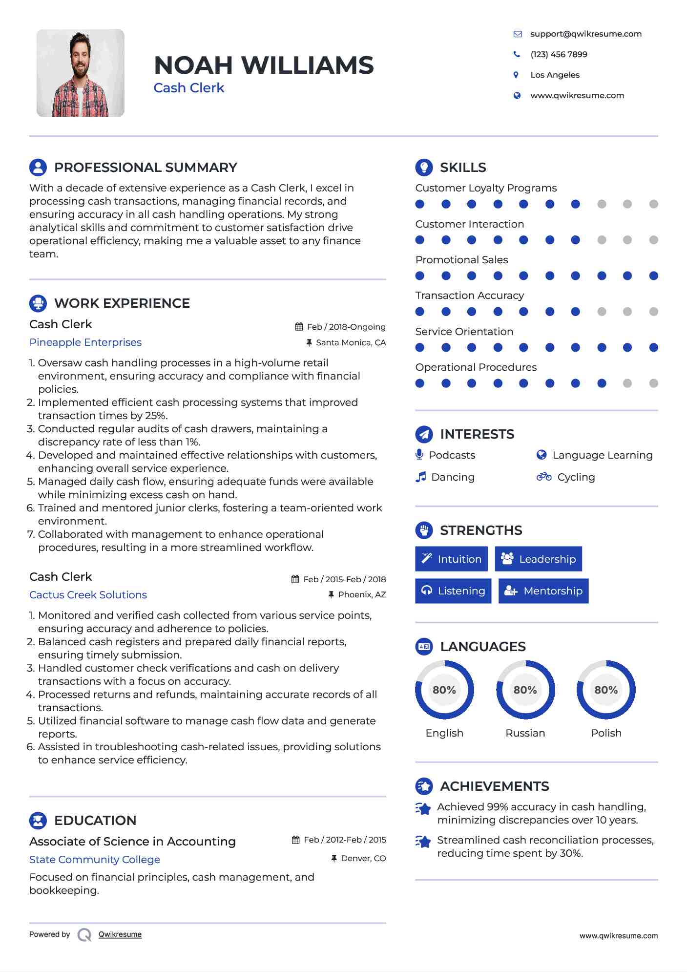 Cash Clerk Resume Template