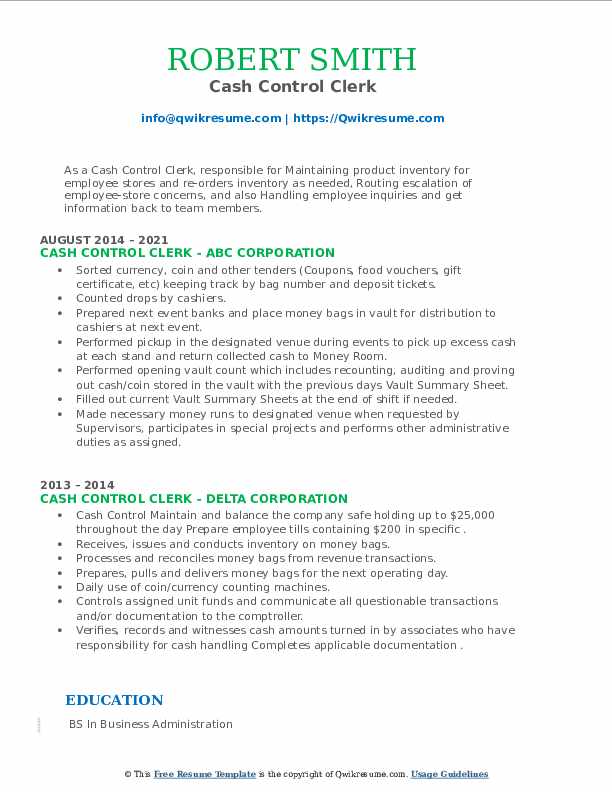 Cash Control Clerk Resume Samples QwikResume