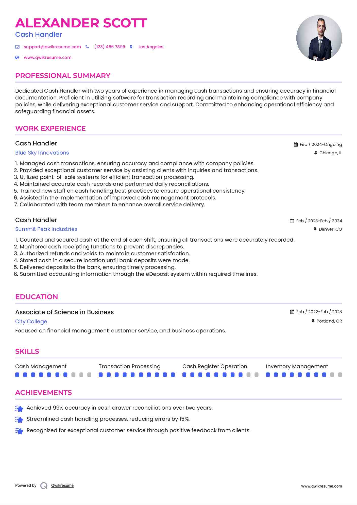 Cash Handler Resume Example