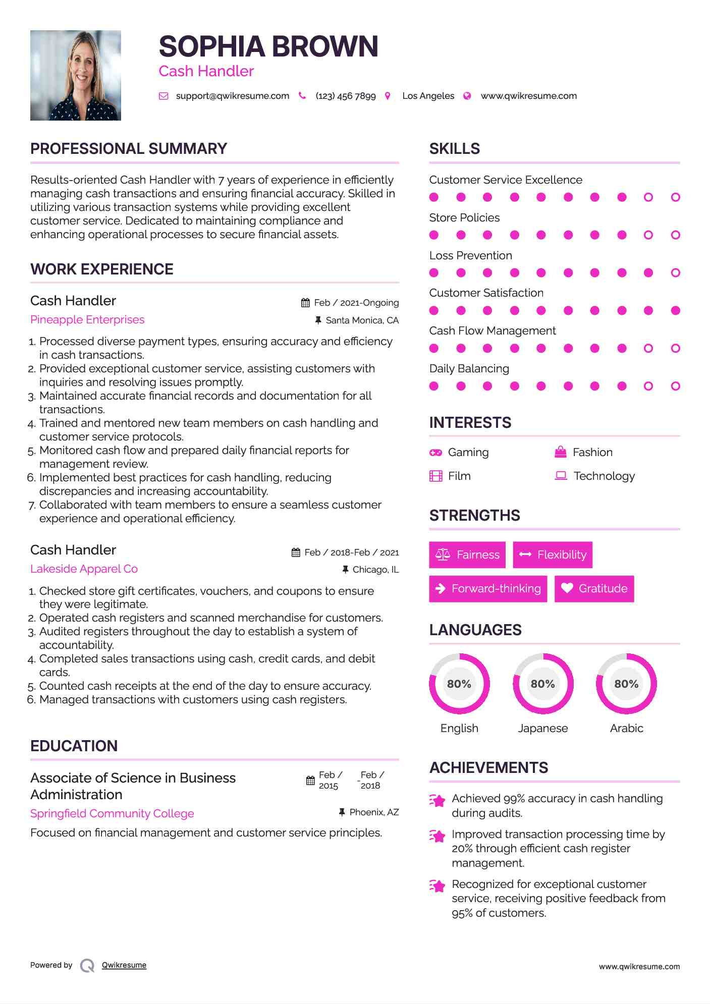 Cash Handler Resume Model